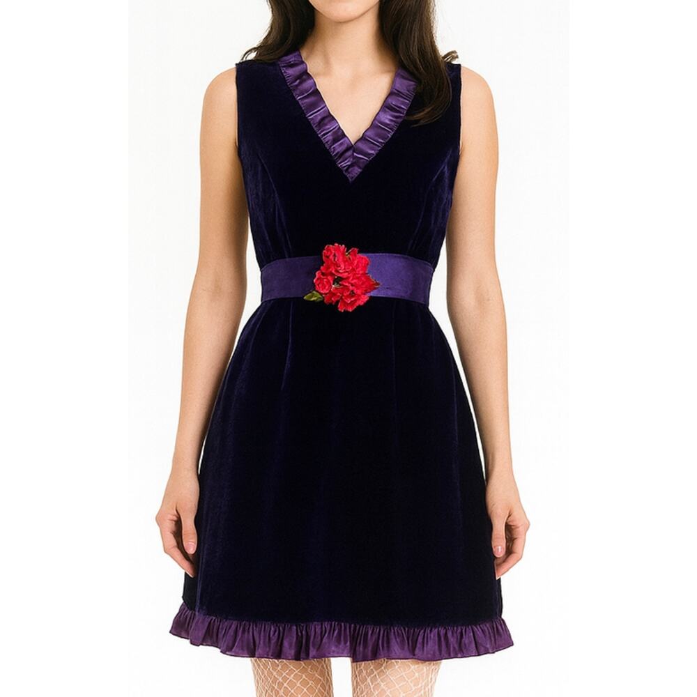 Vintage 60s 70s Purple Velvet Satin Mini Dress Satin‎ Ruffle Feminine Whimsy Mod